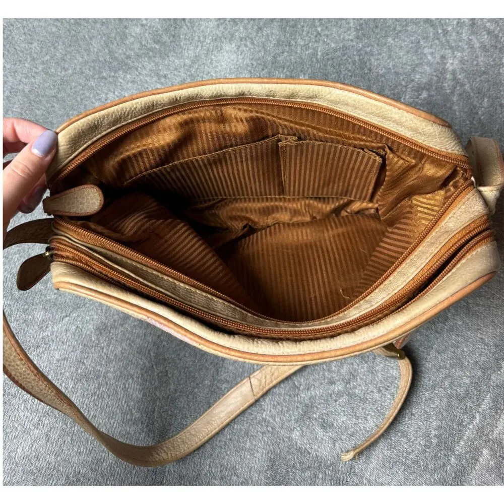 Magnifique Abstract Hand Painted Leather Crossbody Bag Beige Vintage Purse